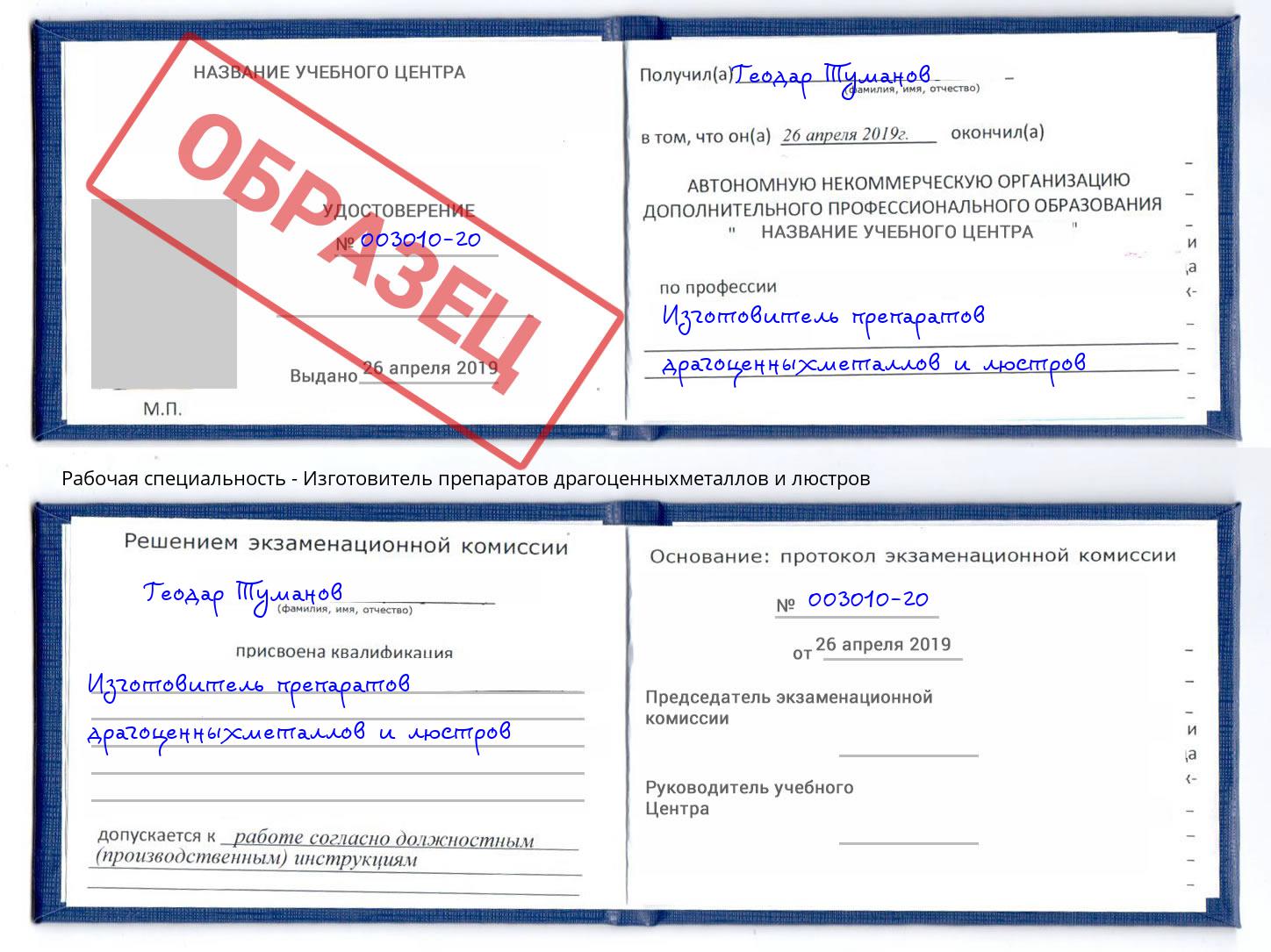 Изготовитель препаратов драгоценныхметаллов и люстров Александров