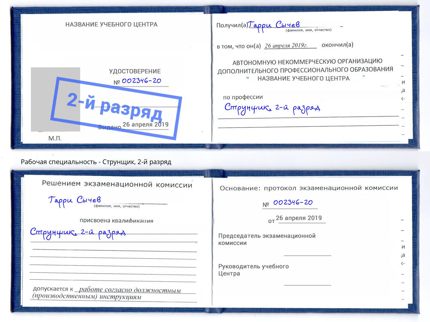 корочка 2-й разряд Струнщик Александров