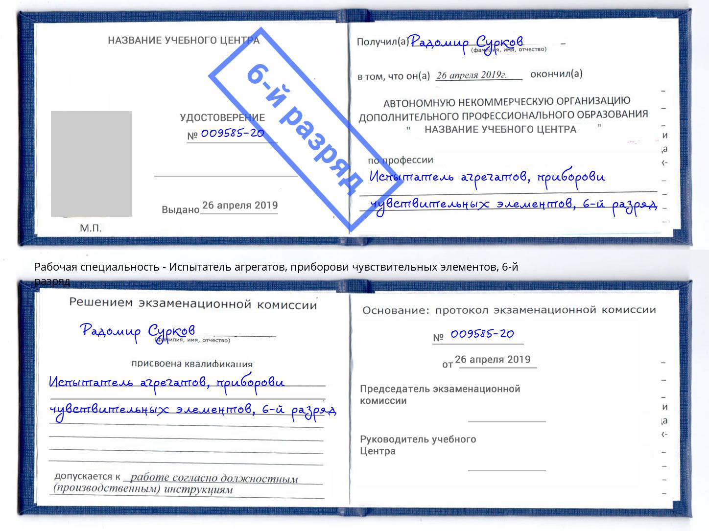 корочка 6-й разряд Испытатель агрегатов, приборови чувствительных элементов Александров