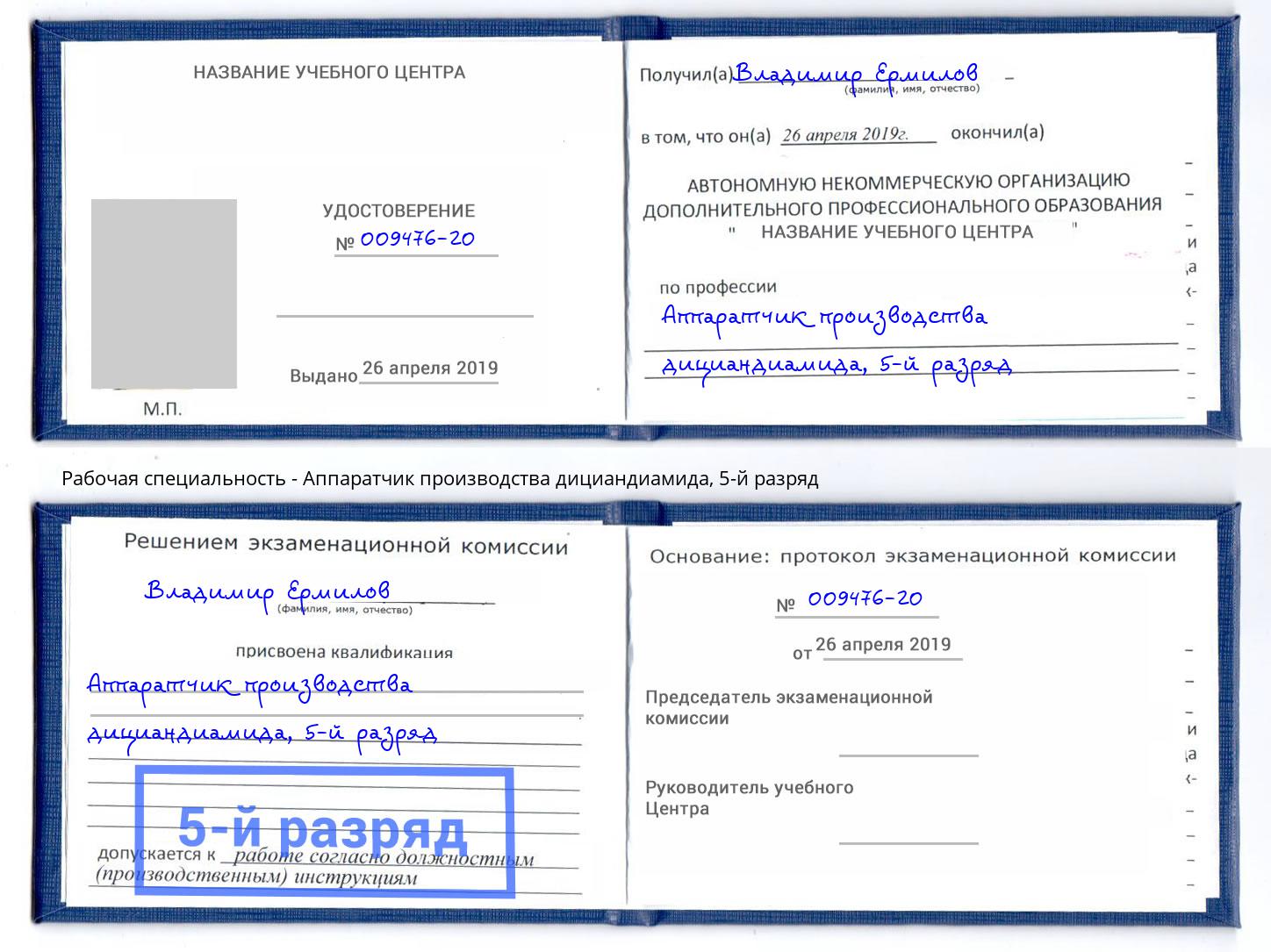 корочка 5-й разряд Аппаратчик производства дициандиамида Александров