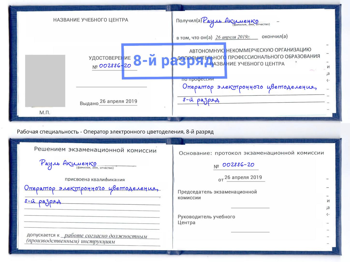 корочка 8-й разряд Оператор электронного цветоделения Александров