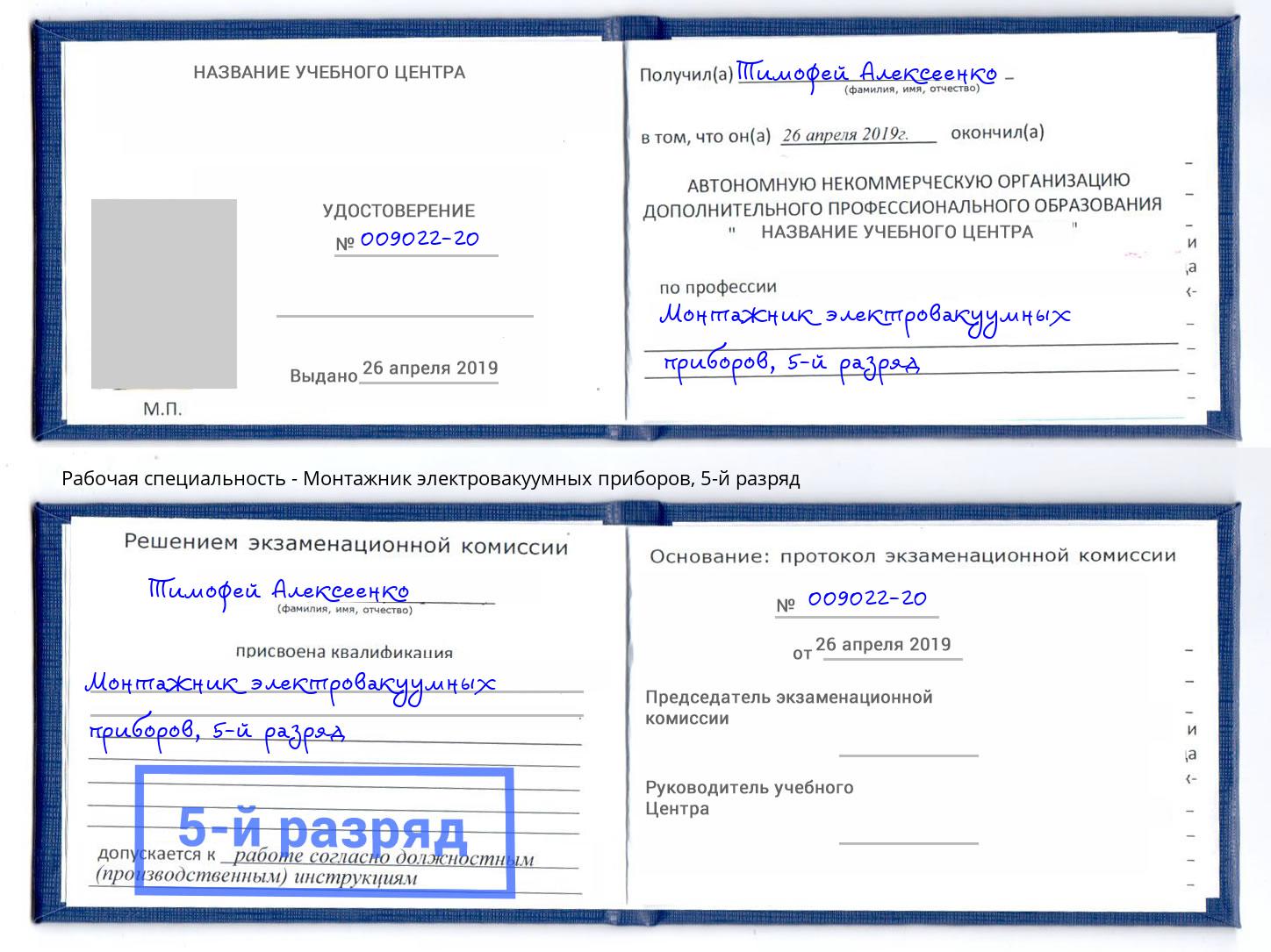 корочка 5-й разряд Монтажник электровакуумных приборов Александров