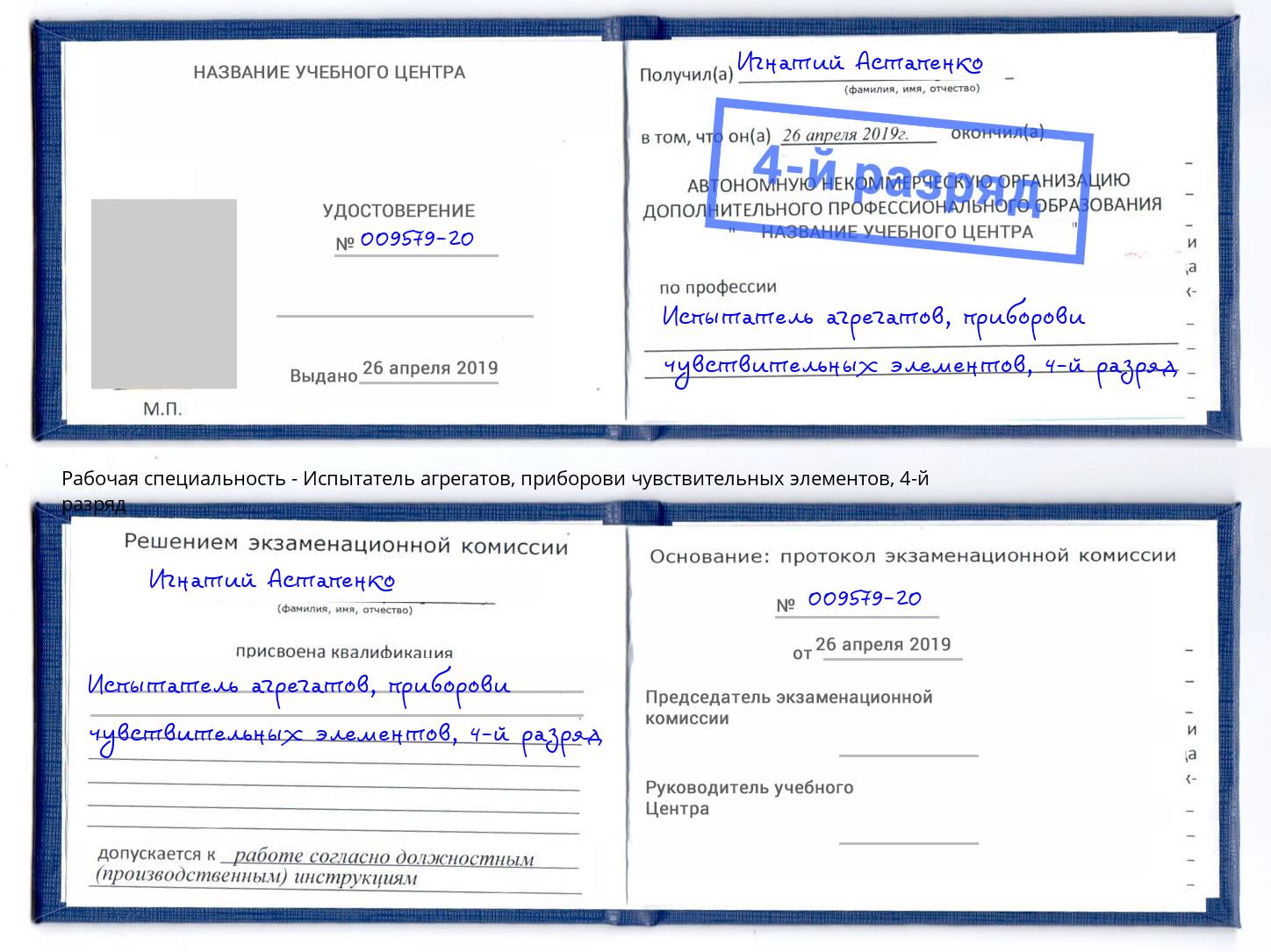 корочка 4-й разряд Испытатель агрегатов, приборови чувствительных элементов Александров
