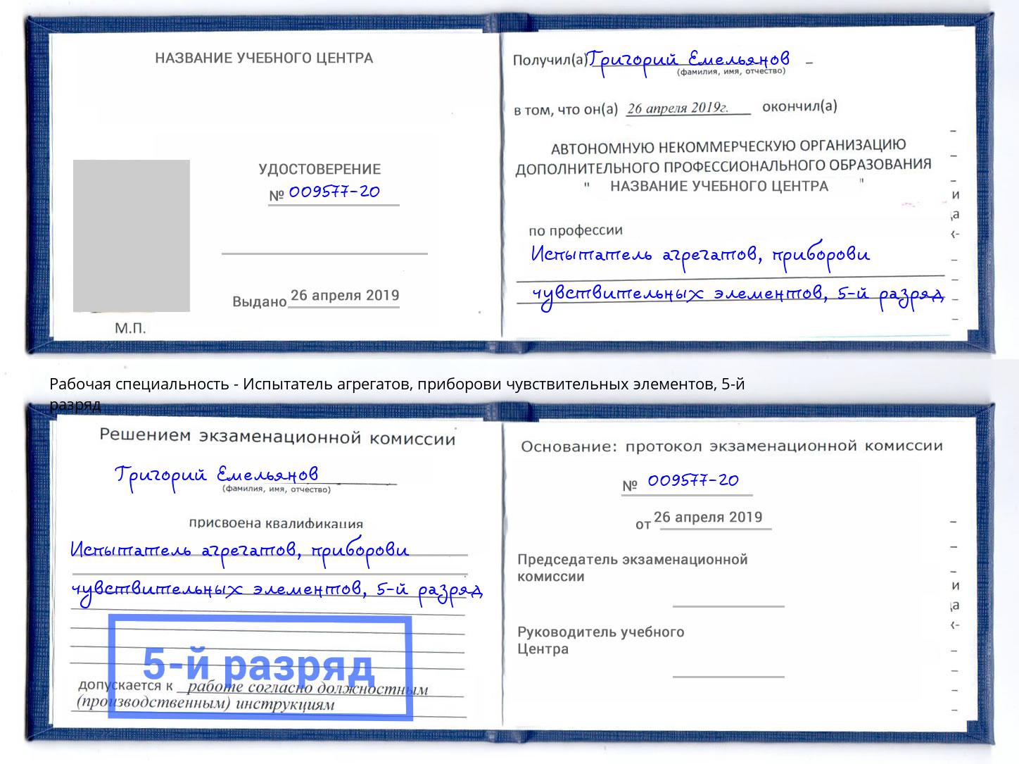 корочка 5-й разряд Испытатель агрегатов, приборови чувствительных элементов Александров