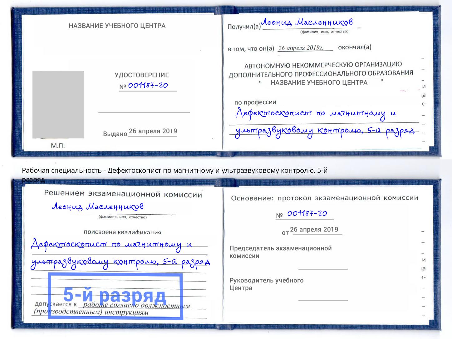 корочка 5-й разряд Дефектоскопист по магнитному и ультразвуковому контролю Александров