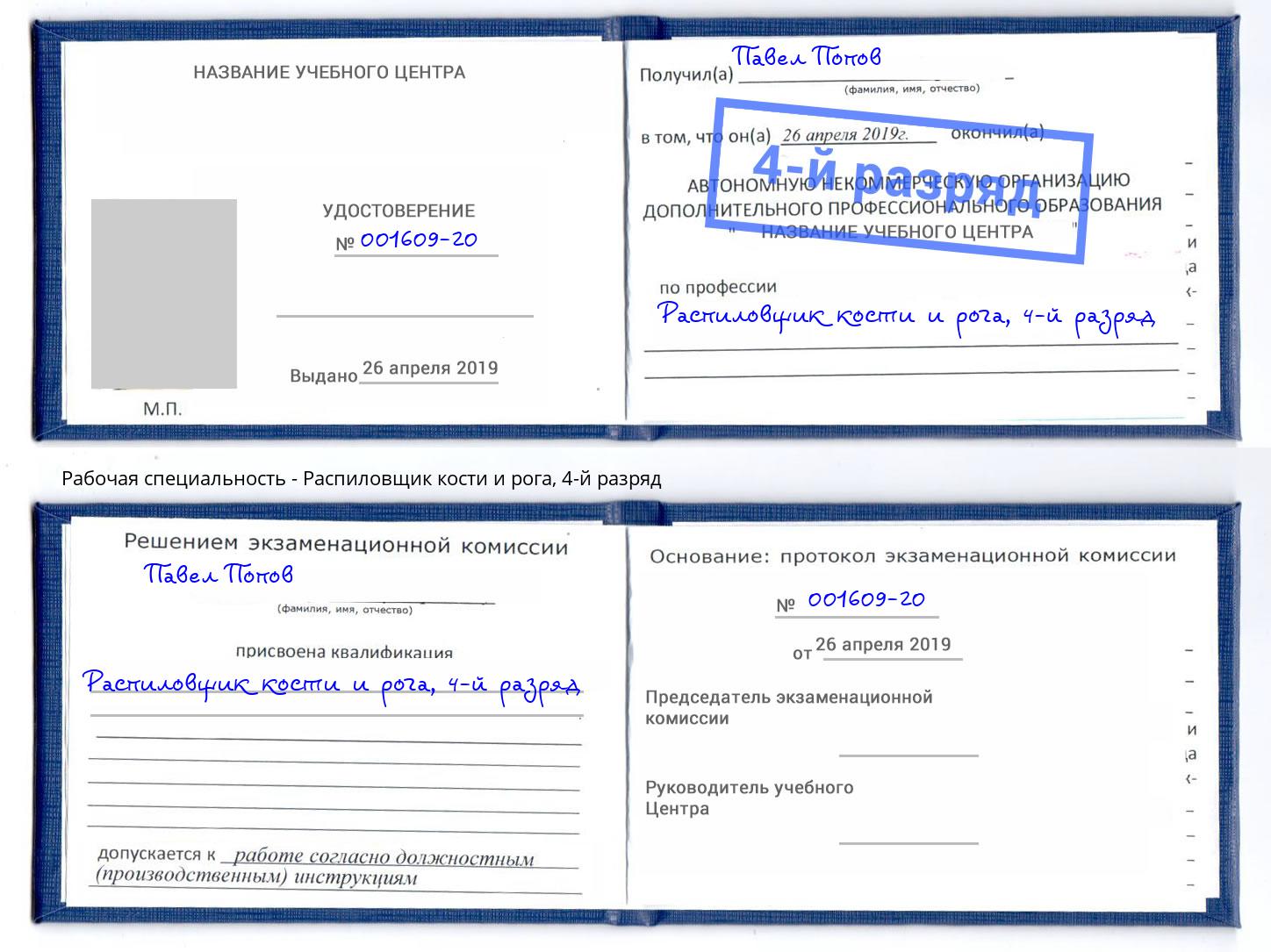 корочка 4-й разряд Распиловщик кости и рога Александров