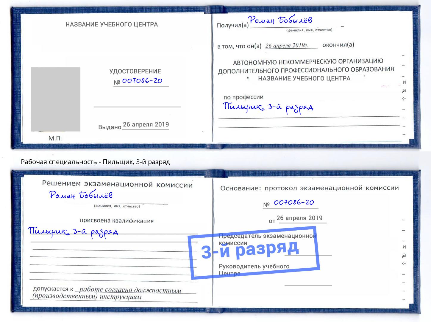 корочка 3-й разряд Пильщик Александров