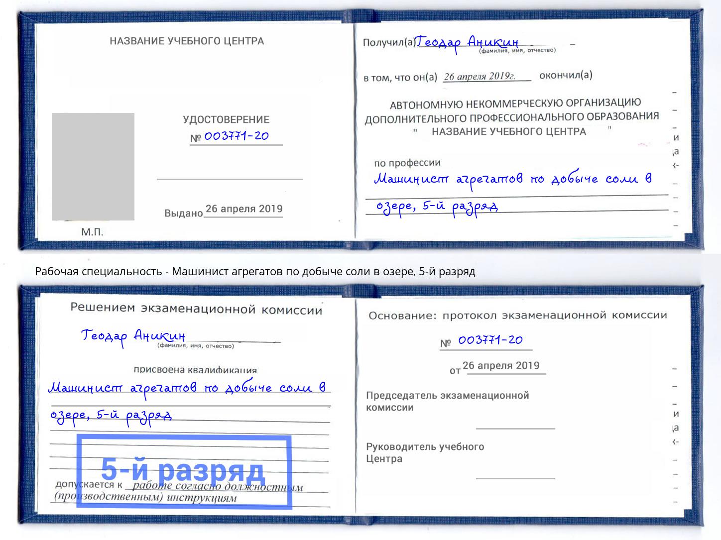 корочка 5-й разряд Машинист агрегатов по добыче соли в озере Александров