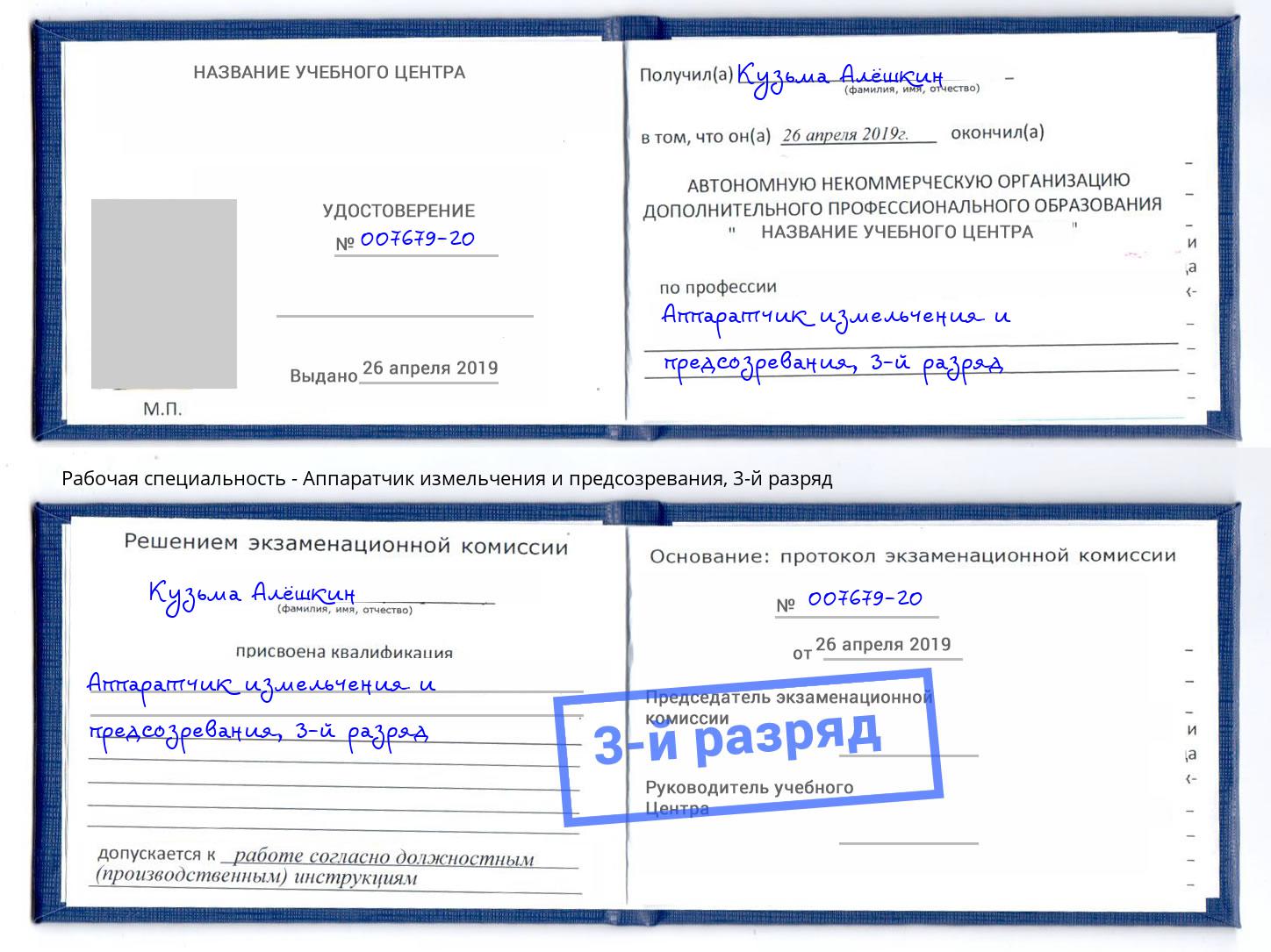 корочка 3-й разряд Аппаратчик измельчения и предсозревания Александров