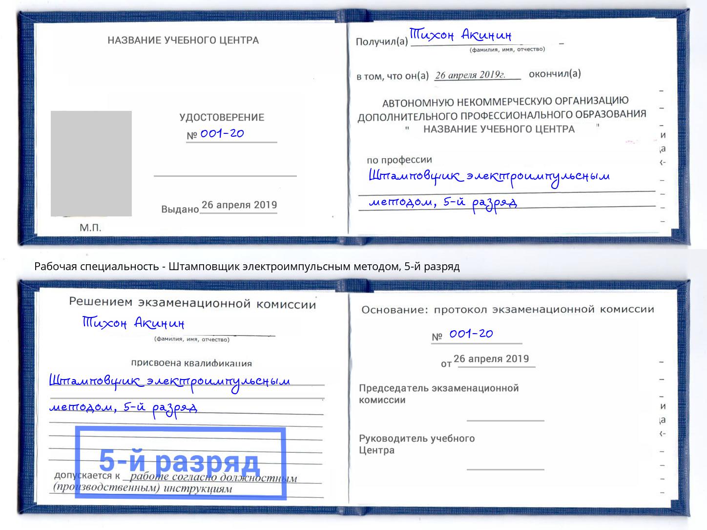 корочка 5-й разряд Штамповщик электроимпульсным методом Александров