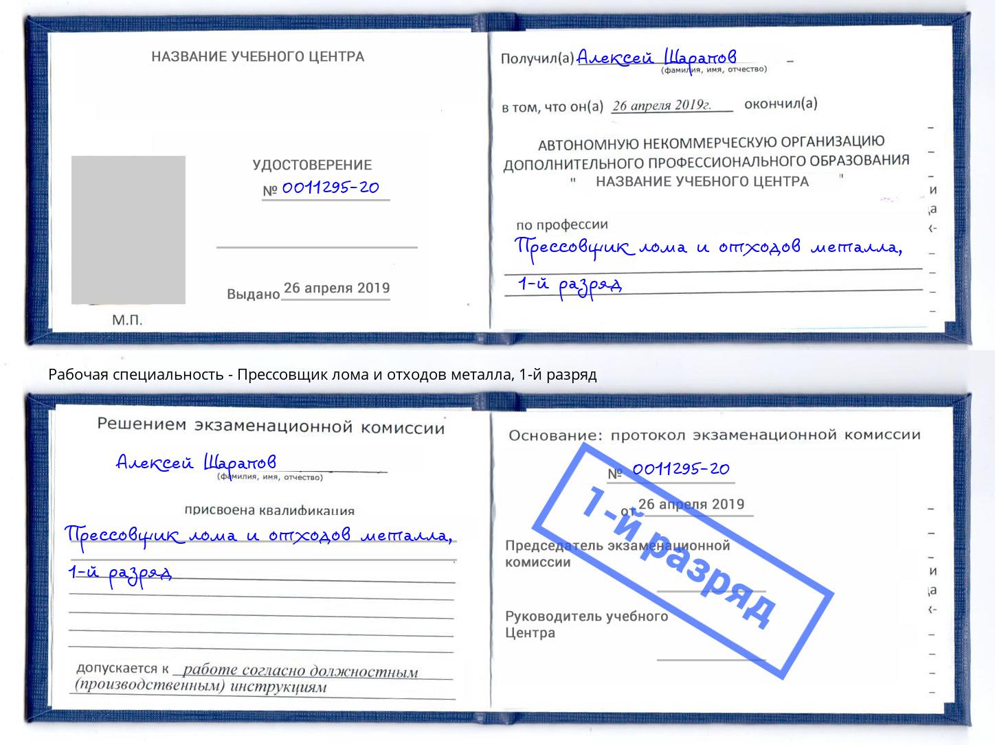 корочка 1-й разряд Прессовщик лома и отходов металла Александров