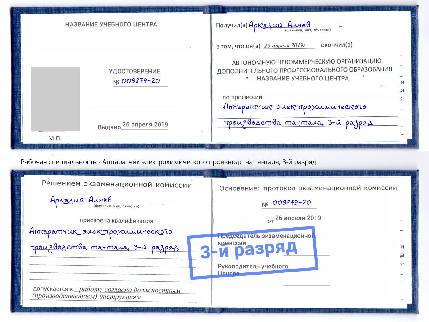 корочка 3-й разряд Аппаратчик электрохимического производства тантала Александров