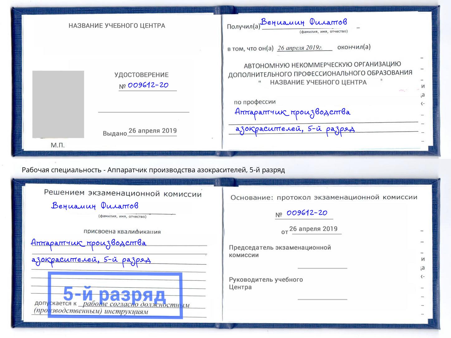 корочка 5-й разряд Аппаратчик производства азокрасителей Александров