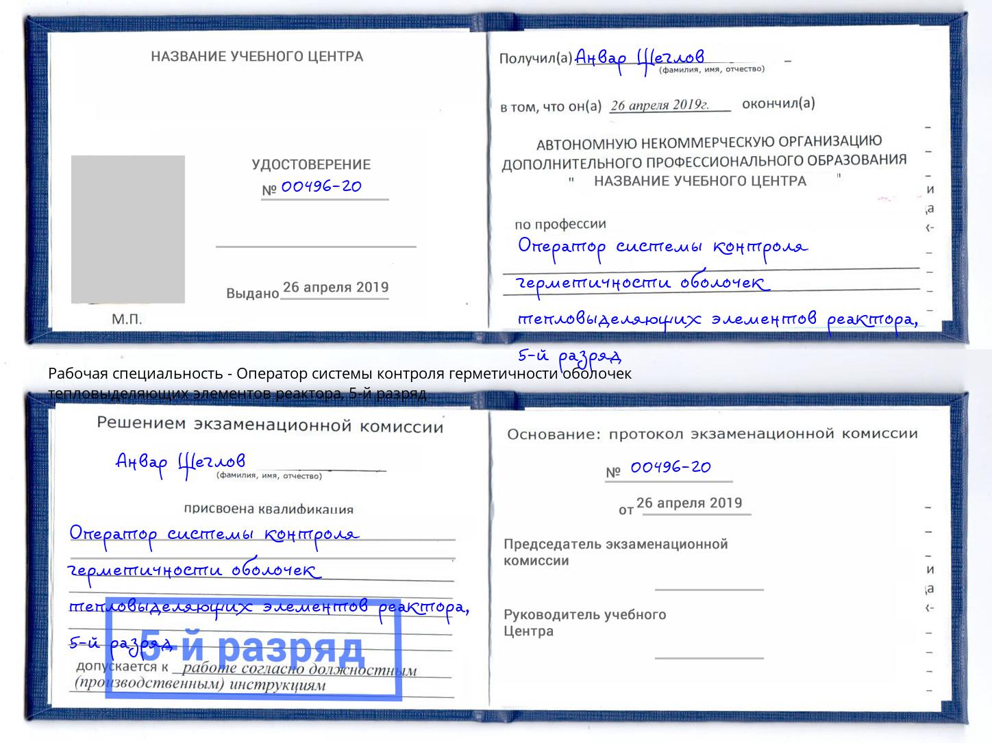 корочка 5-й разряд Оператор системы контроля герметичности оболочек тепловыделяющих элементов реактора Александров