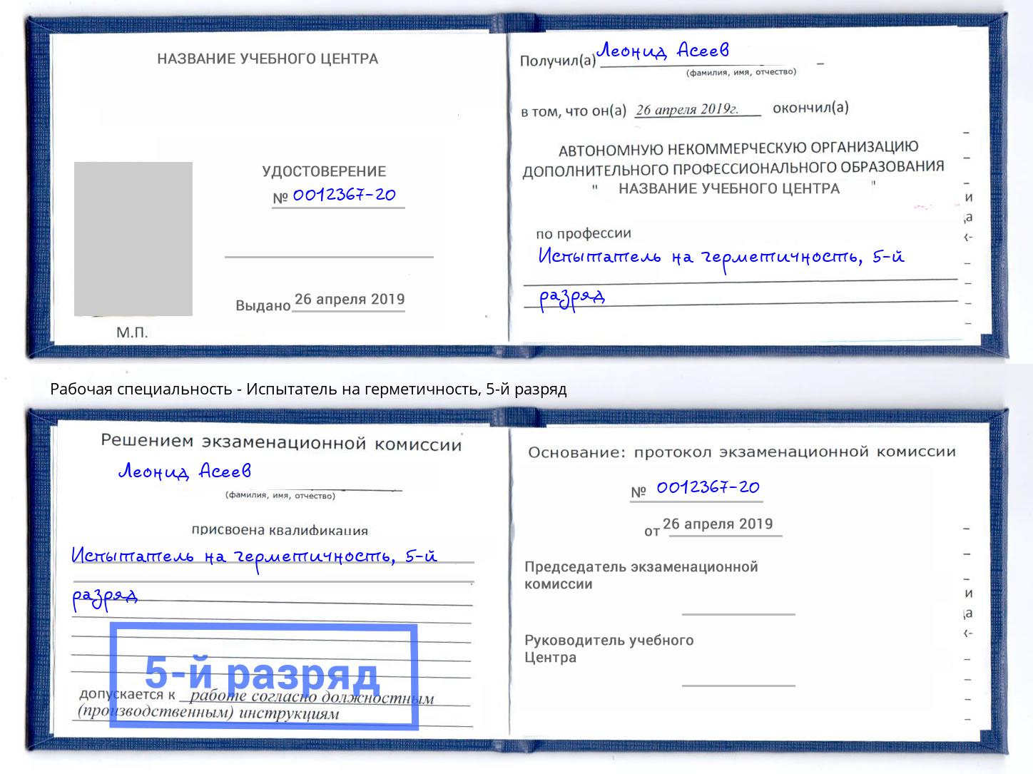 корочка 5-й разряд Испытатель на герметичность Александров
