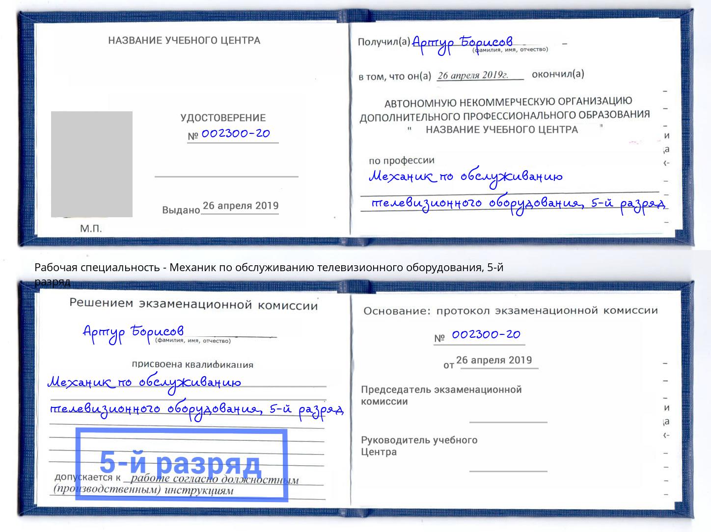 корочка 5-й разряд Механик по обслуживанию телевизионного оборудования Александров