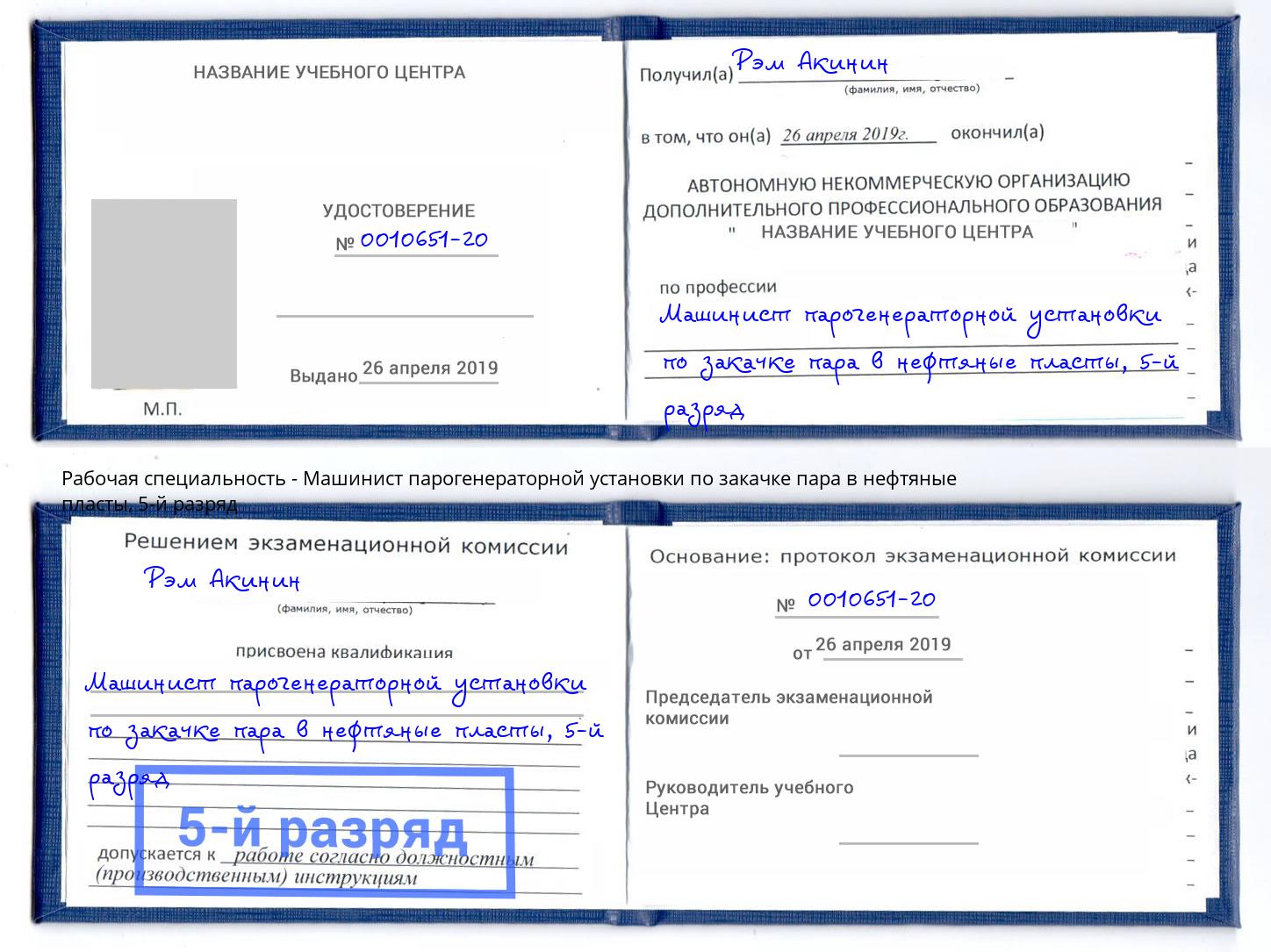 корочка 5-й разряд Машинист парогенераторной установки по закачке пара в нефтяные пласты Александров
