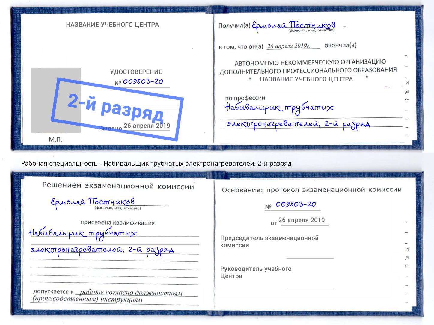 корочка 2-й разряд Набивальщик трубчатых электронагревателей Александров