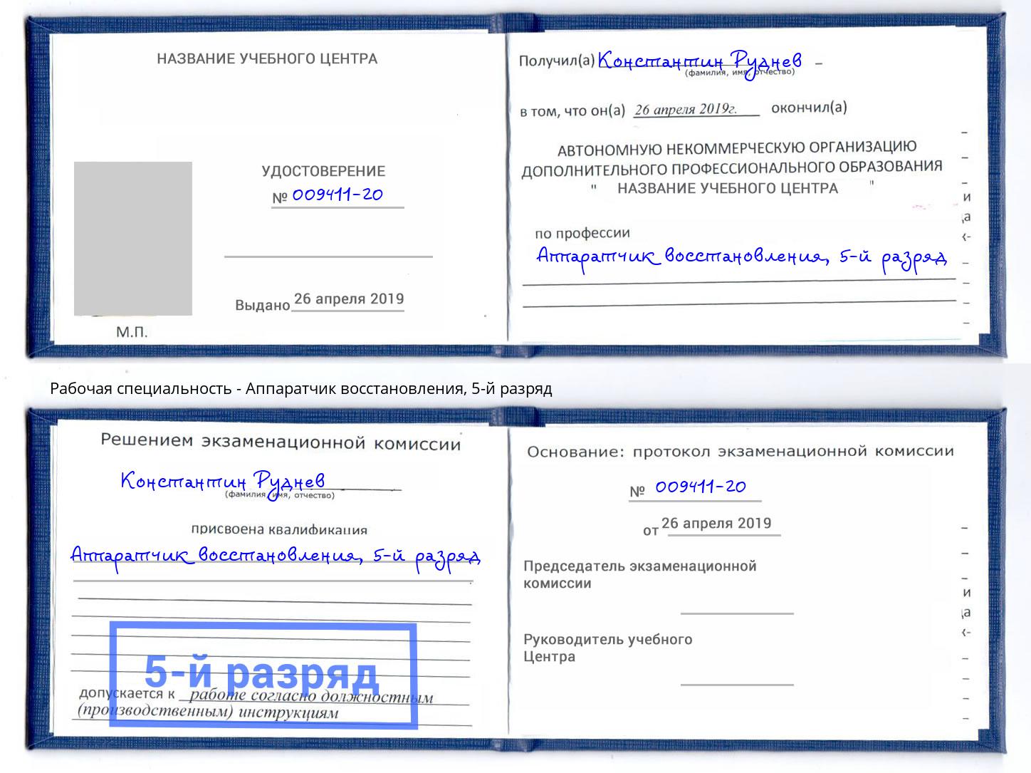 корочка 5-й разряд Аппаратчик восстановления Александров