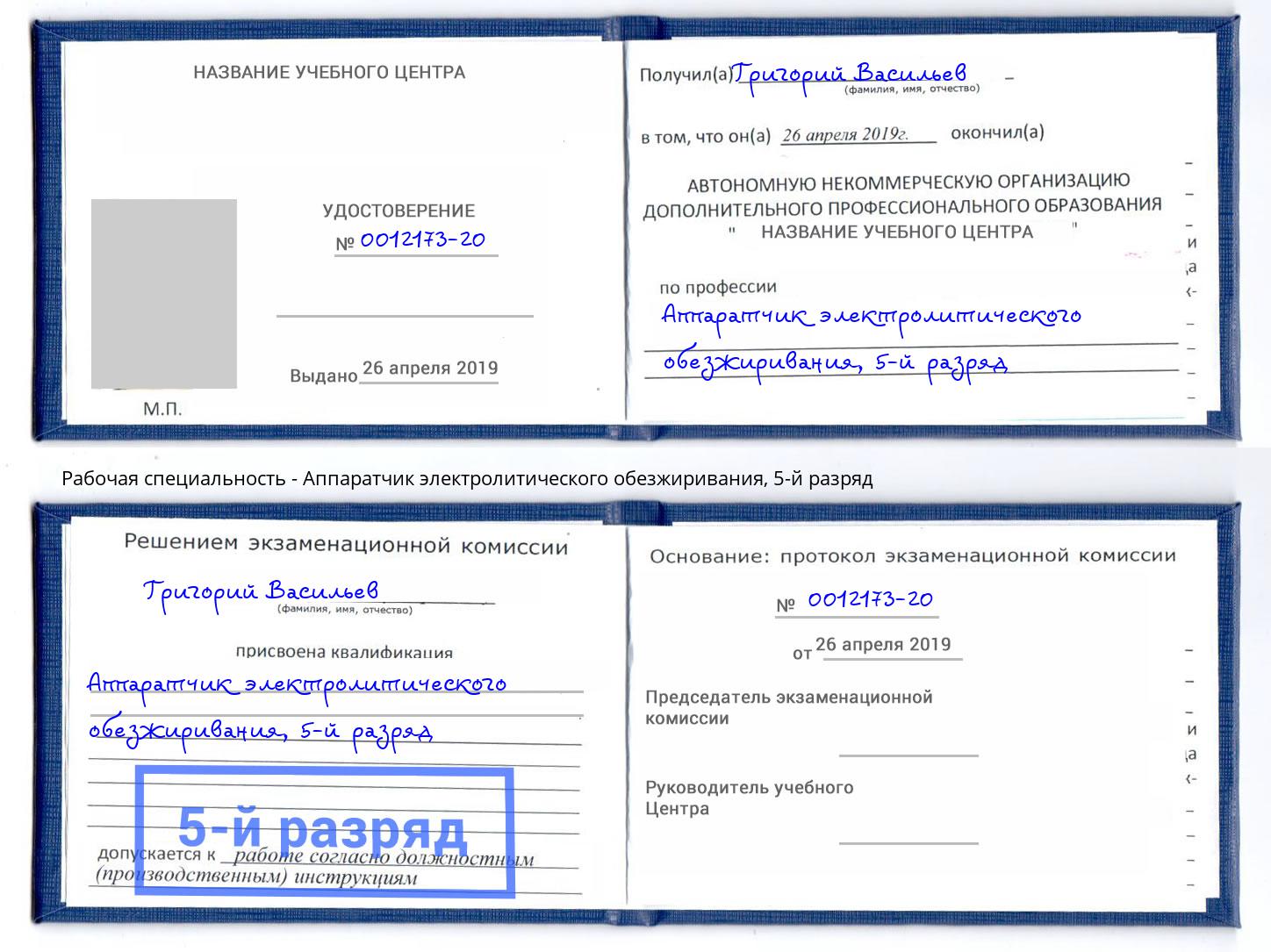 корочка 5-й разряд Аппаратчик электролитического обезжиривания Александров