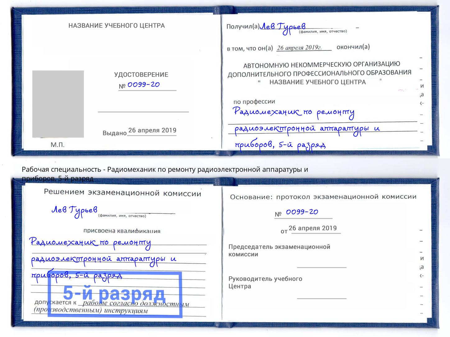 корочка 5-й разряд Радиомеханик по ремонту радиоэлектронной аппаратуры и приборов Александров