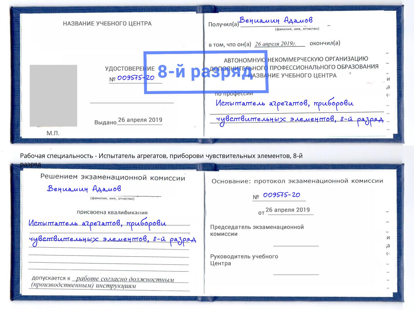 корочка 8-й разряд Испытатель агрегатов, приборови чувствительных элементов Александров